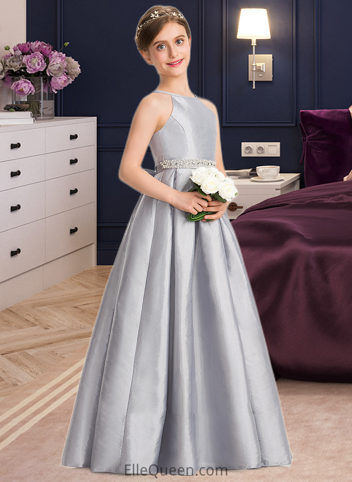 Rubi A-Line Scoop Neck Floor-Length Taffeta Junior Bridesmaid Dress With Beading Bow(s) DGP0013506