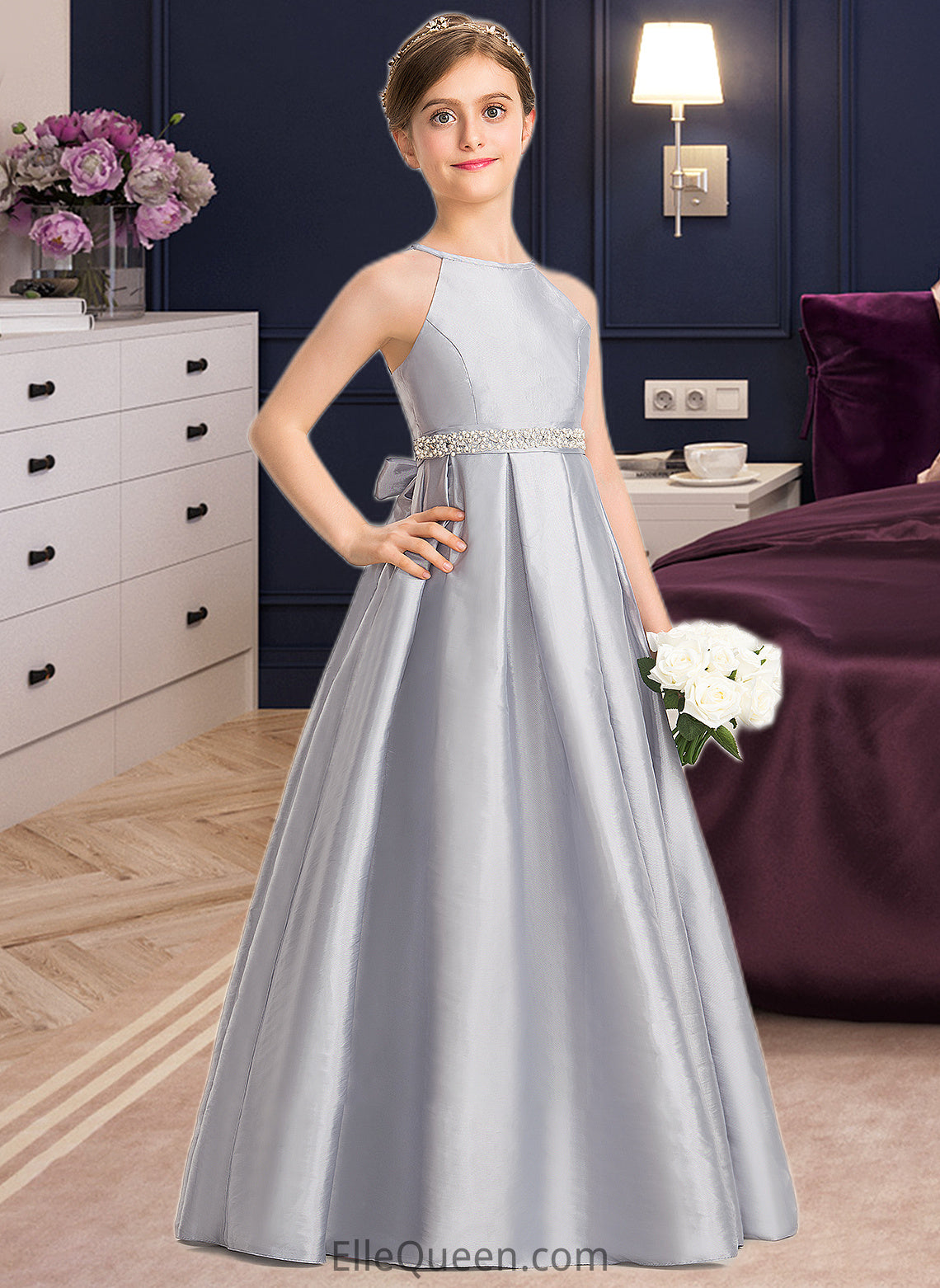 Rubi A-Line Scoop Neck Floor-Length Taffeta Junior Bridesmaid Dress With Beading Bow(s) DGP0013506