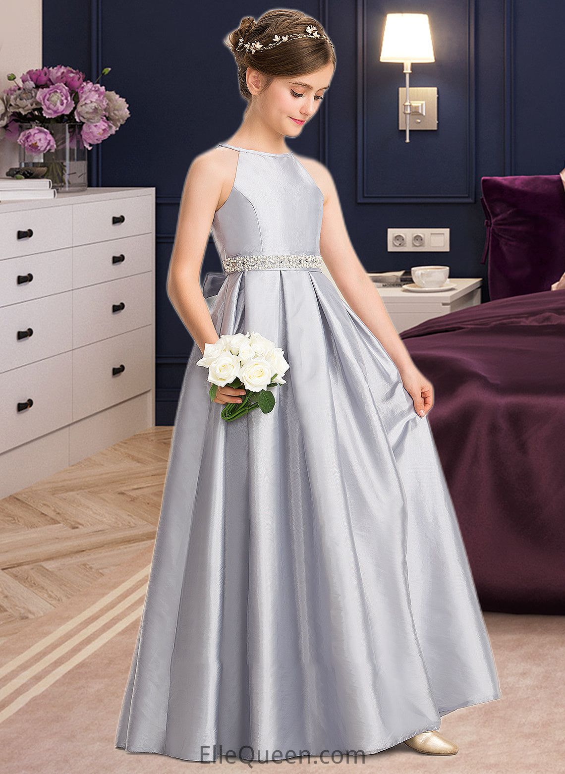 Rubi A-Line Scoop Neck Floor-Length Taffeta Junior Bridesmaid Dress With Beading Bow(s) DGP0013506