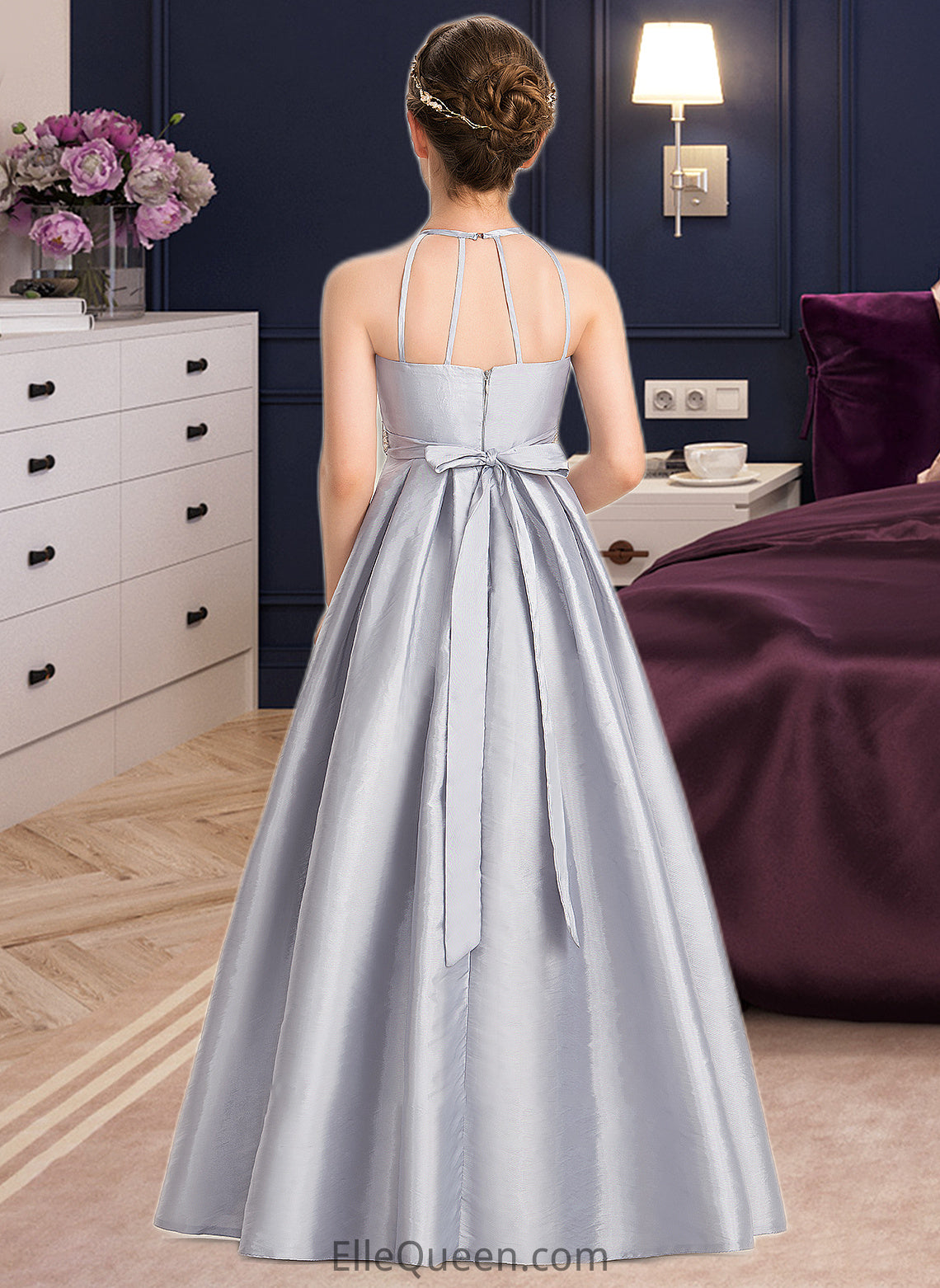 Rubi A-Line Scoop Neck Floor-Length Taffeta Junior Bridesmaid Dress With Beading Bow(s) DGP0013506