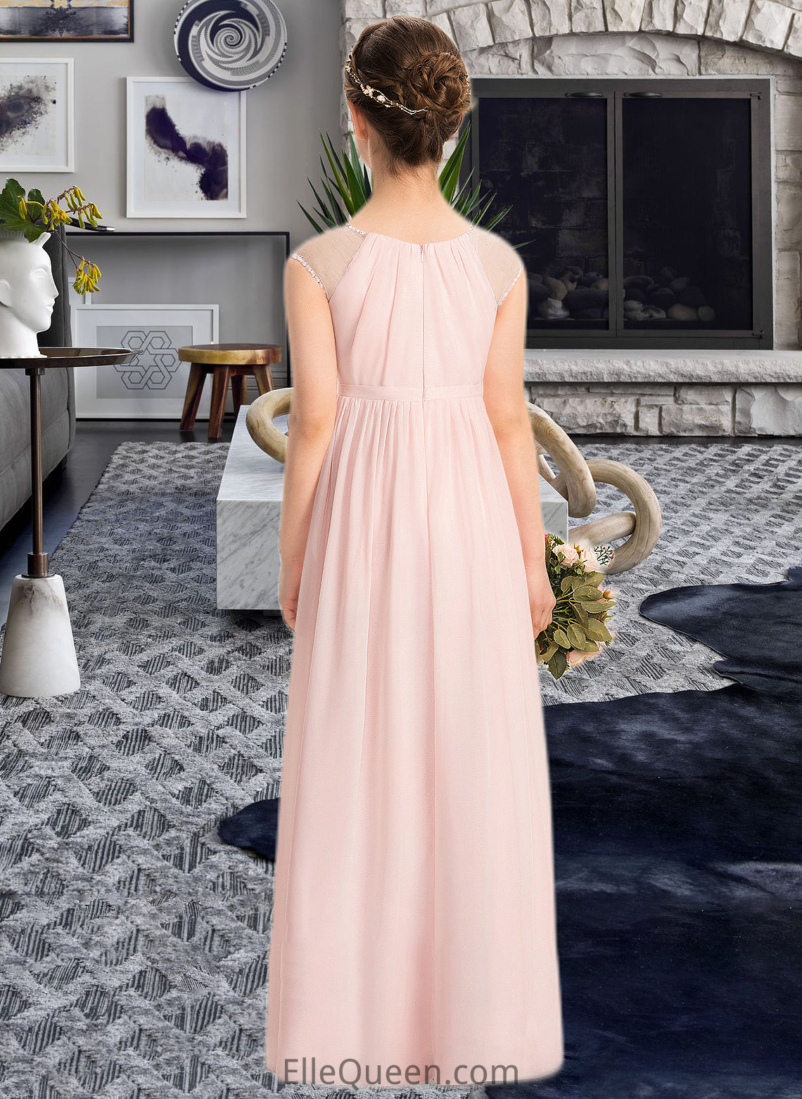 Jaylene A-Line Scoop Neck Floor-Length Chiffon Junior Bridesmaid Dress With Beading Sequins DGP0013507