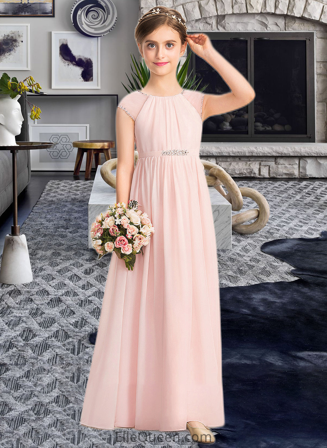 Jaylene A-Line Scoop Neck Floor-Length Chiffon Junior Bridesmaid Dress With Beading Sequins DGP0013507