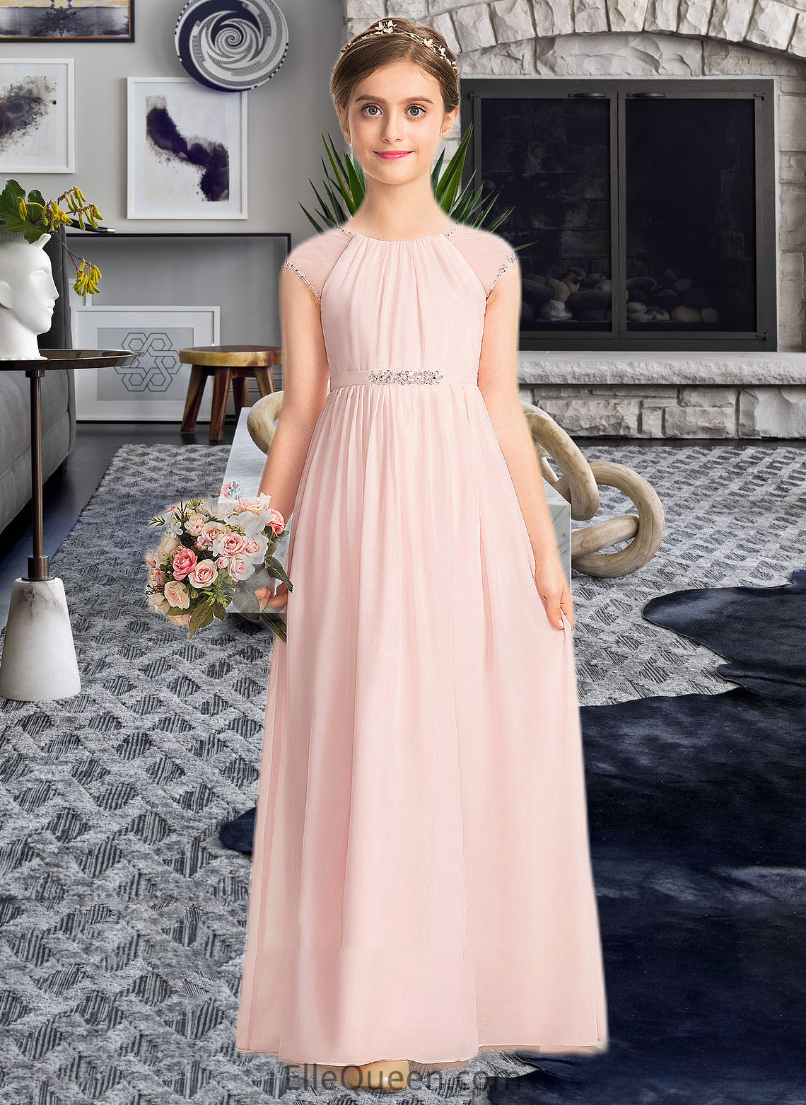 Jaylene A-Line Scoop Neck Floor-Length Chiffon Junior Bridesmaid Dress With Beading Sequins DGP0013507