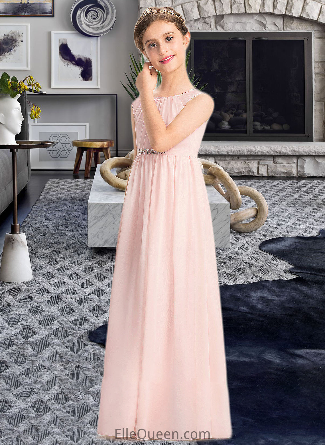 Jaylene A-Line Scoop Neck Floor-Length Chiffon Junior Bridesmaid Dress With Beading Sequins DGP0013507