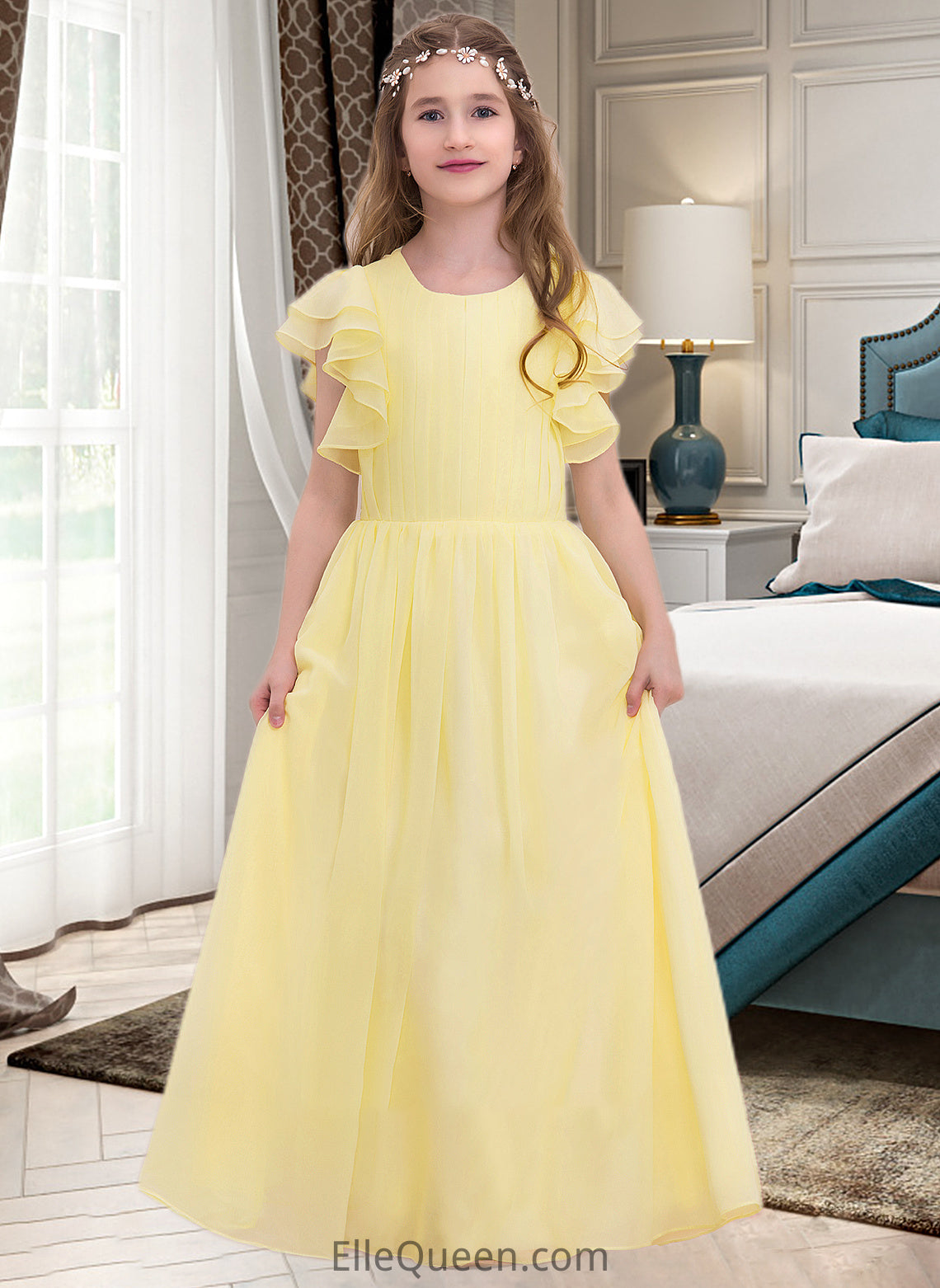 Maren A-LineScoopNeckFloor-LengthChiffonJuniorBridesmaidDressWithRuffleCascadingRuffles#123850 DGP0013508