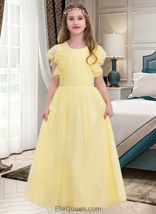 Maren A-LineScoopNeckFloor-LengthChiffonJuniorBridesmaidDressWithRuffleCascadingRuffles#123850 DGP0013508