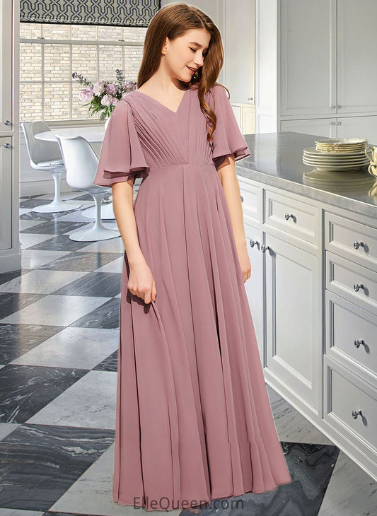 Arianna A-Line V-neck Floor-Length Chiffon Junior Bridesmaid Dress With Ruffle DGP0013510