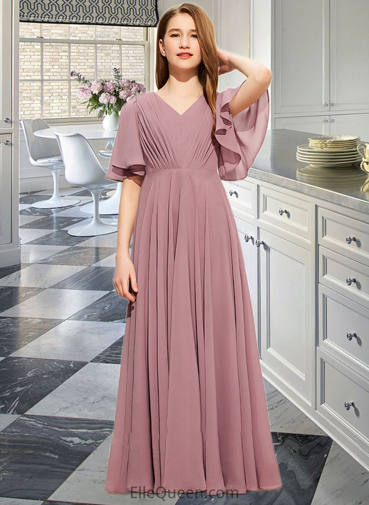 Arianna A-Line V-neck Floor-Length Chiffon Junior Bridesmaid Dress With Ruffle DGP0013510