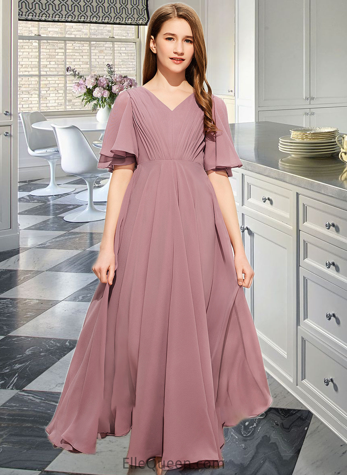 Arianna A-Line V-neck Floor-Length Chiffon Junior Bridesmaid Dress With Ruffle DGP0013510