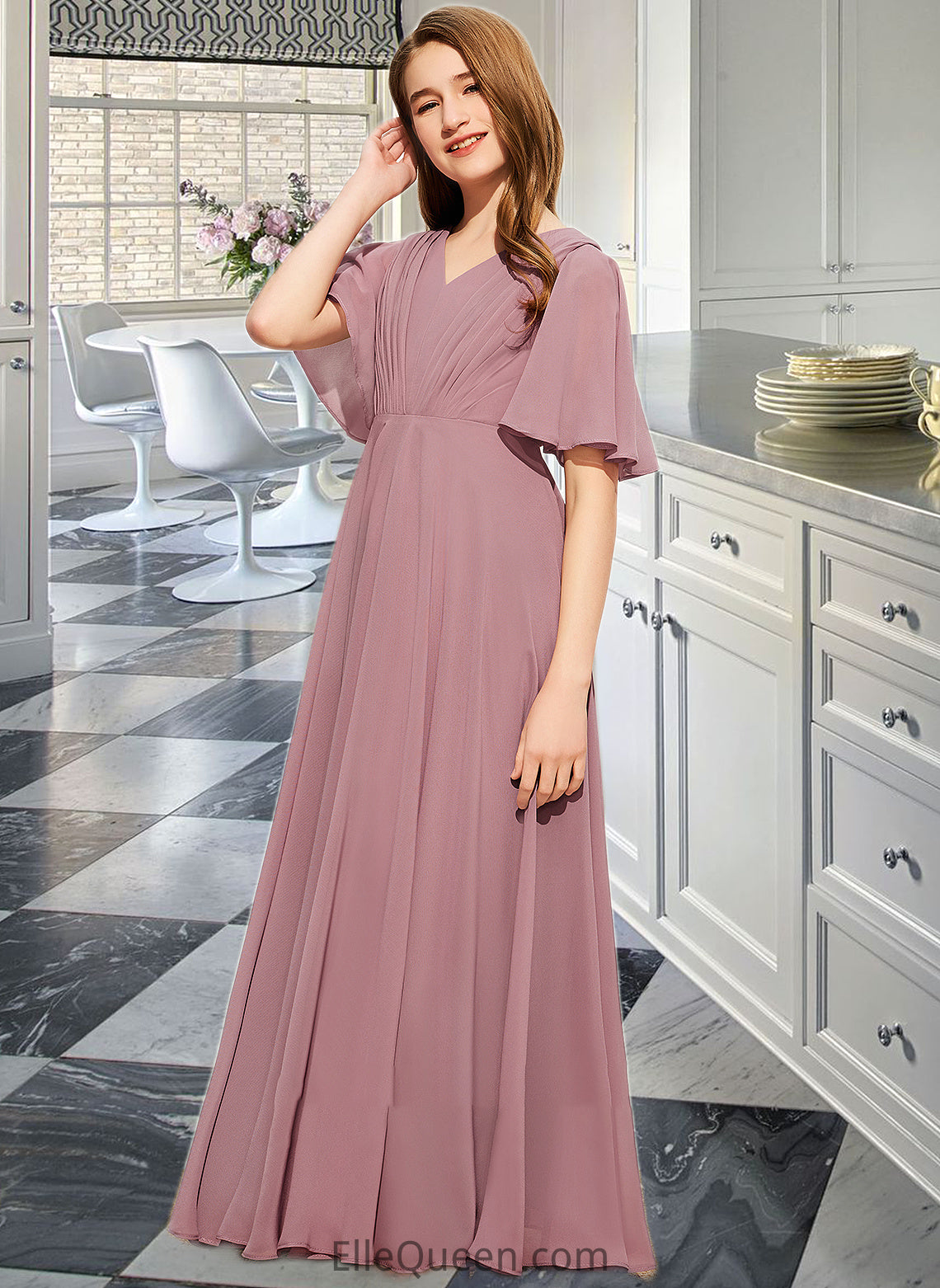 Arianna A-Line V-neck Floor-Length Chiffon Junior Bridesmaid Dress With Ruffle DGP0013510