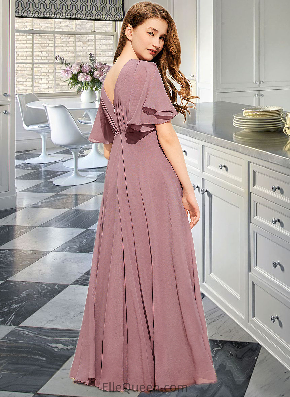 Arianna A-Line V-neck Floor-Length Chiffon Junior Bridesmaid Dress With Ruffle DGP0013510