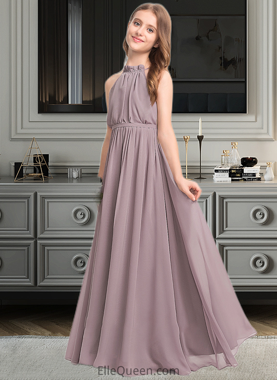 Aimee A-Line High Neck Floor-Length Chiffon Junior Bridesmaid Dress With Bow(s) Cascading Ruffles DGP0013512