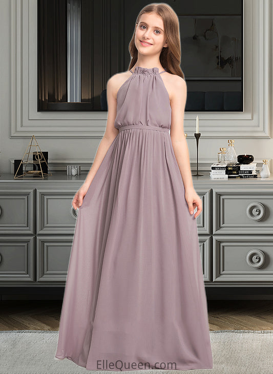 Aimee A-Line High Neck Floor-Length Chiffon Junior Bridesmaid Dress With Bow(s) Cascading Ruffles DGP0013512