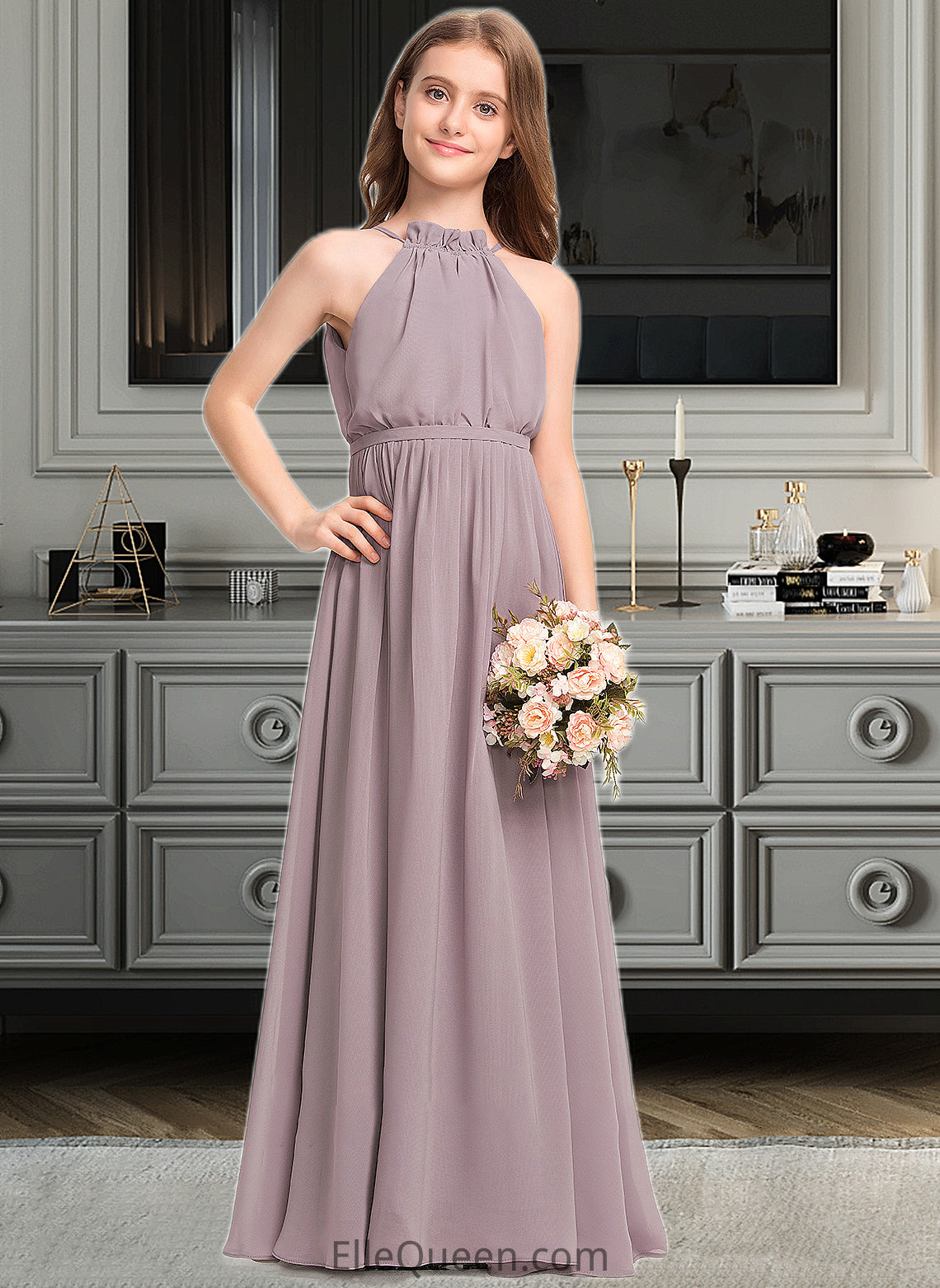 Aimee A-Line High Neck Floor-Length Chiffon Junior Bridesmaid Dress With Bow(s) Cascading Ruffles DGP0013512