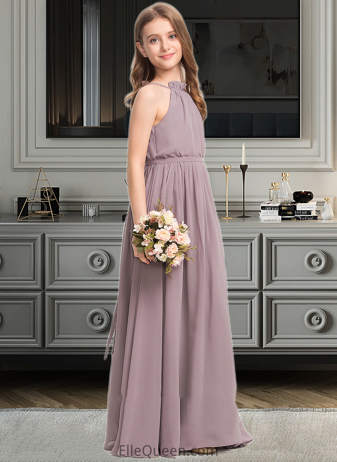 Aimee A-Line High Neck Floor-Length Chiffon Junior Bridesmaid Dress With Bow(s) Cascading Ruffles DGP0013512