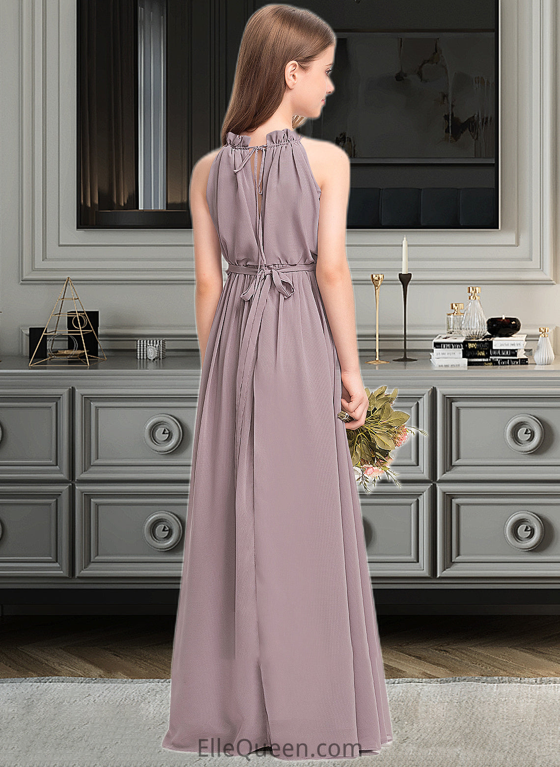 Aimee A-Line High Neck Floor-Length Chiffon Junior Bridesmaid Dress With Bow(s) Cascading Ruffles DGP0013512