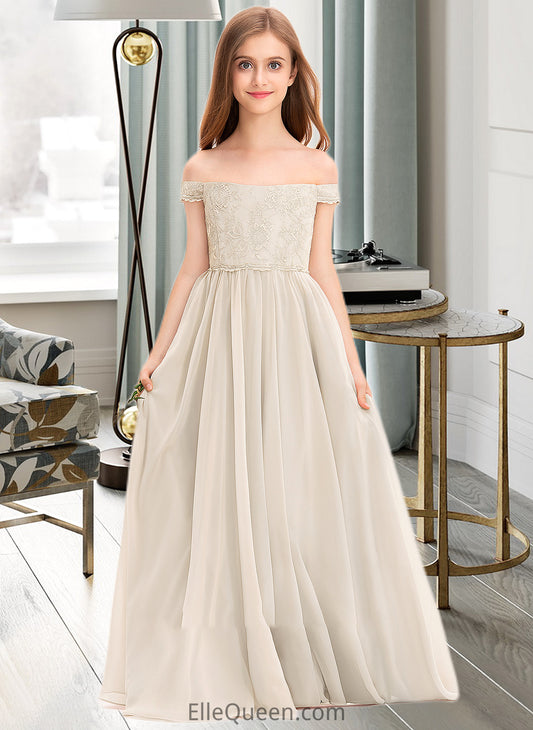 Esther A-Line Off-the-Shoulder Floor-Length Chiffon Lace Junior Bridesmaid Dress DGP0013514