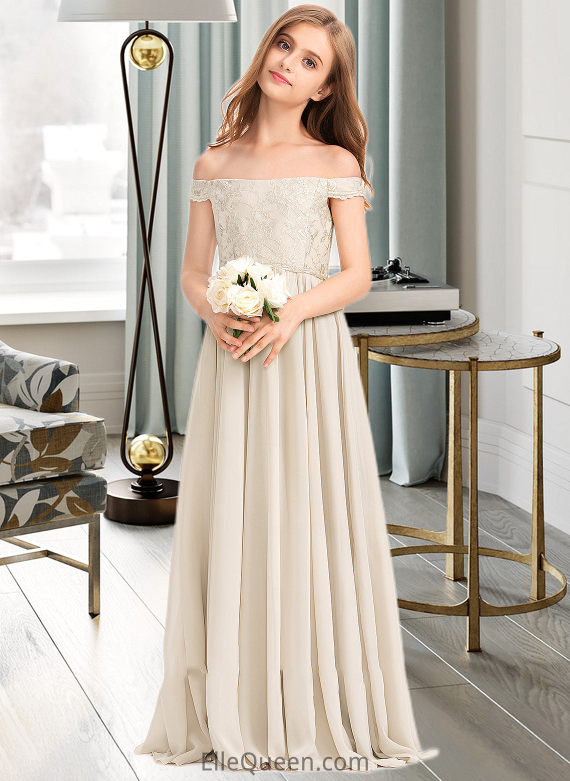 Esther A-Line Off-the-Shoulder Floor-Length Chiffon Lace Junior Bridesmaid Dress DGP0013514