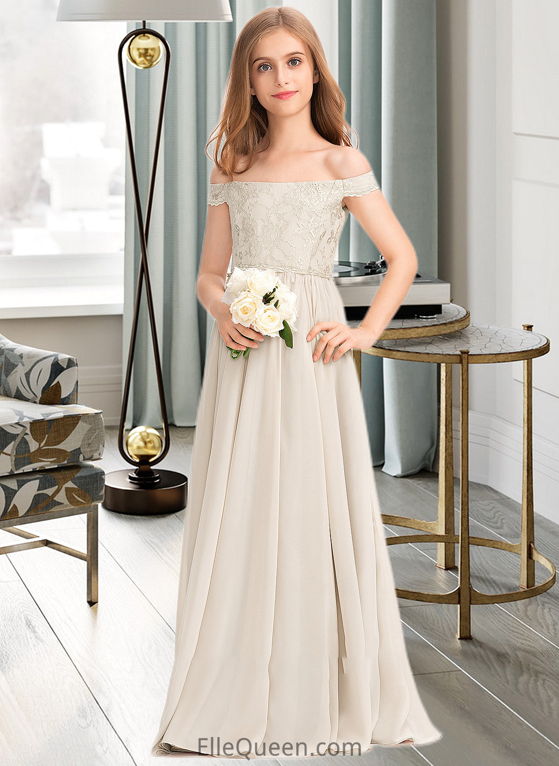 Esther A-Line Off-the-Shoulder Floor-Length Chiffon Lace Junior Bridesmaid Dress DGP0013514