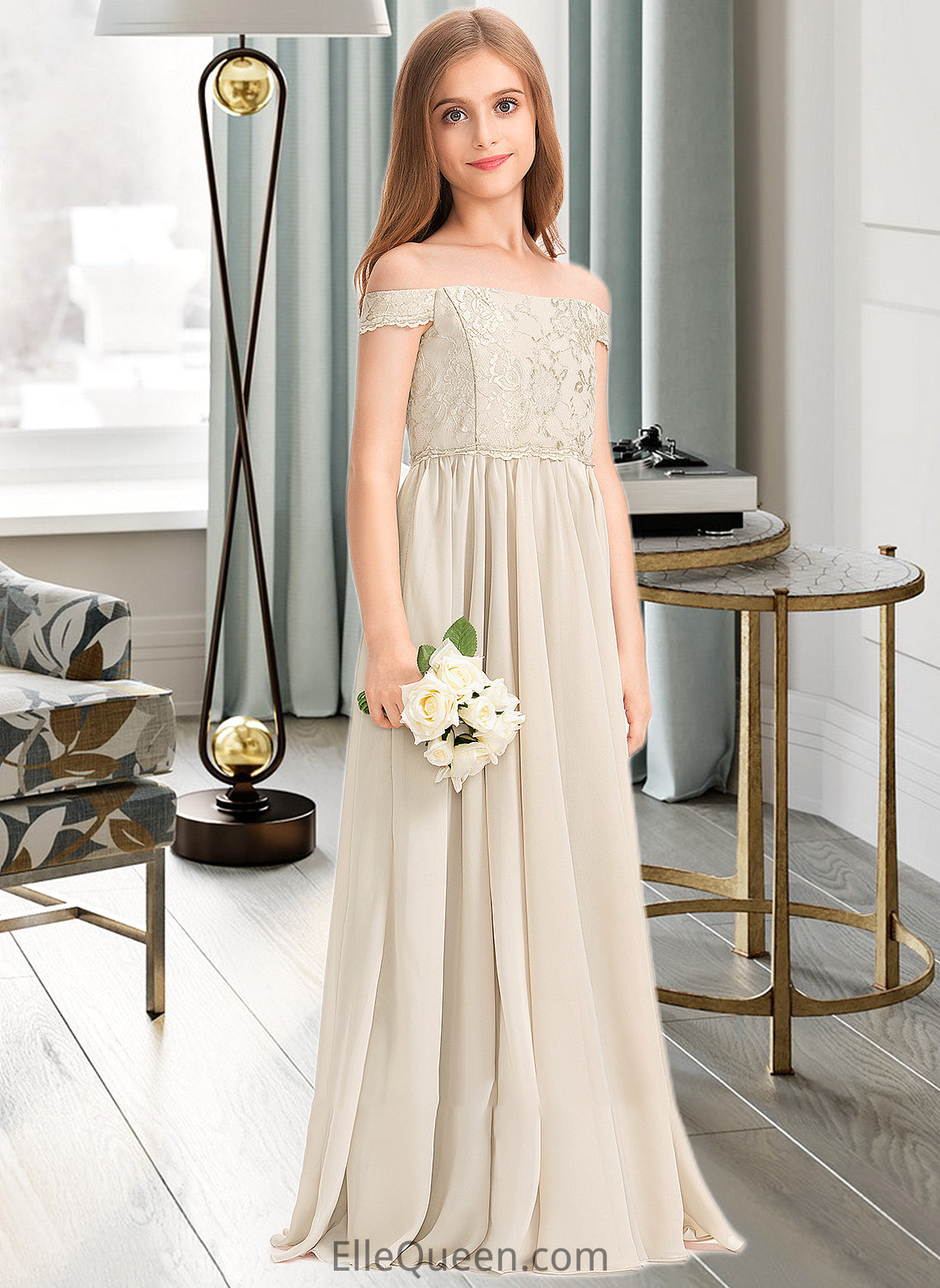 Esther A-Line Off-the-Shoulder Floor-Length Chiffon Lace Junior Bridesmaid Dress DGP0013514