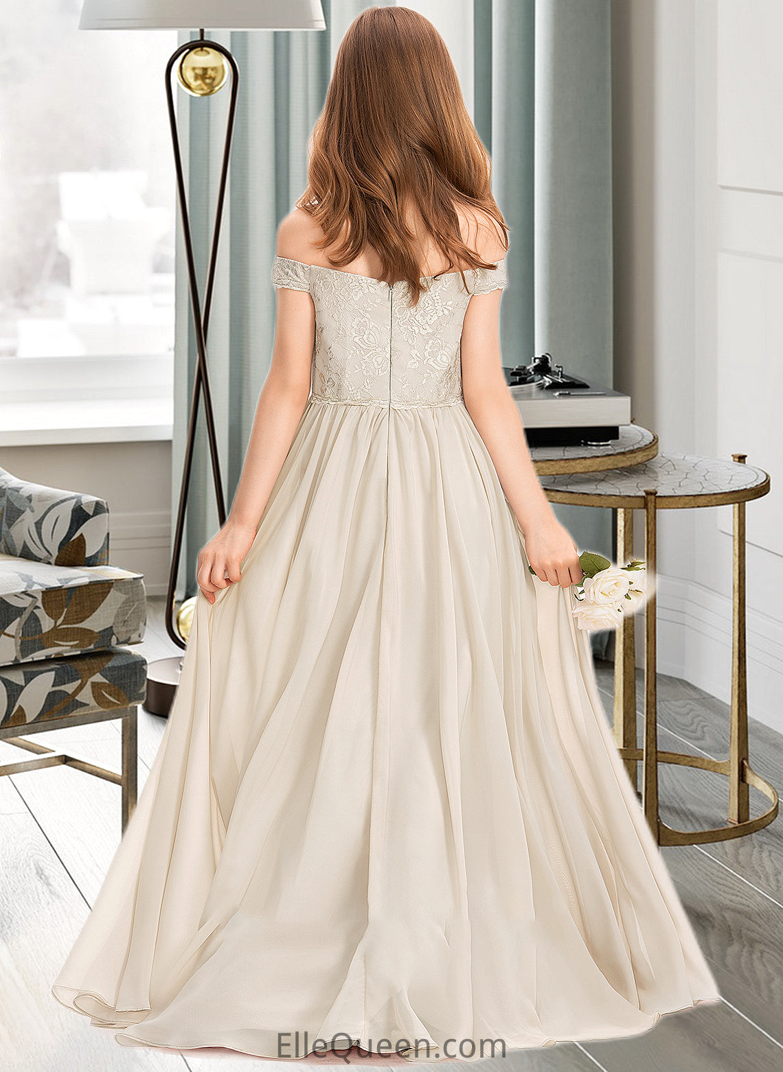 Esther A-Line Off-the-Shoulder Floor-Length Chiffon Lace Junior Bridesmaid Dress DGP0013514