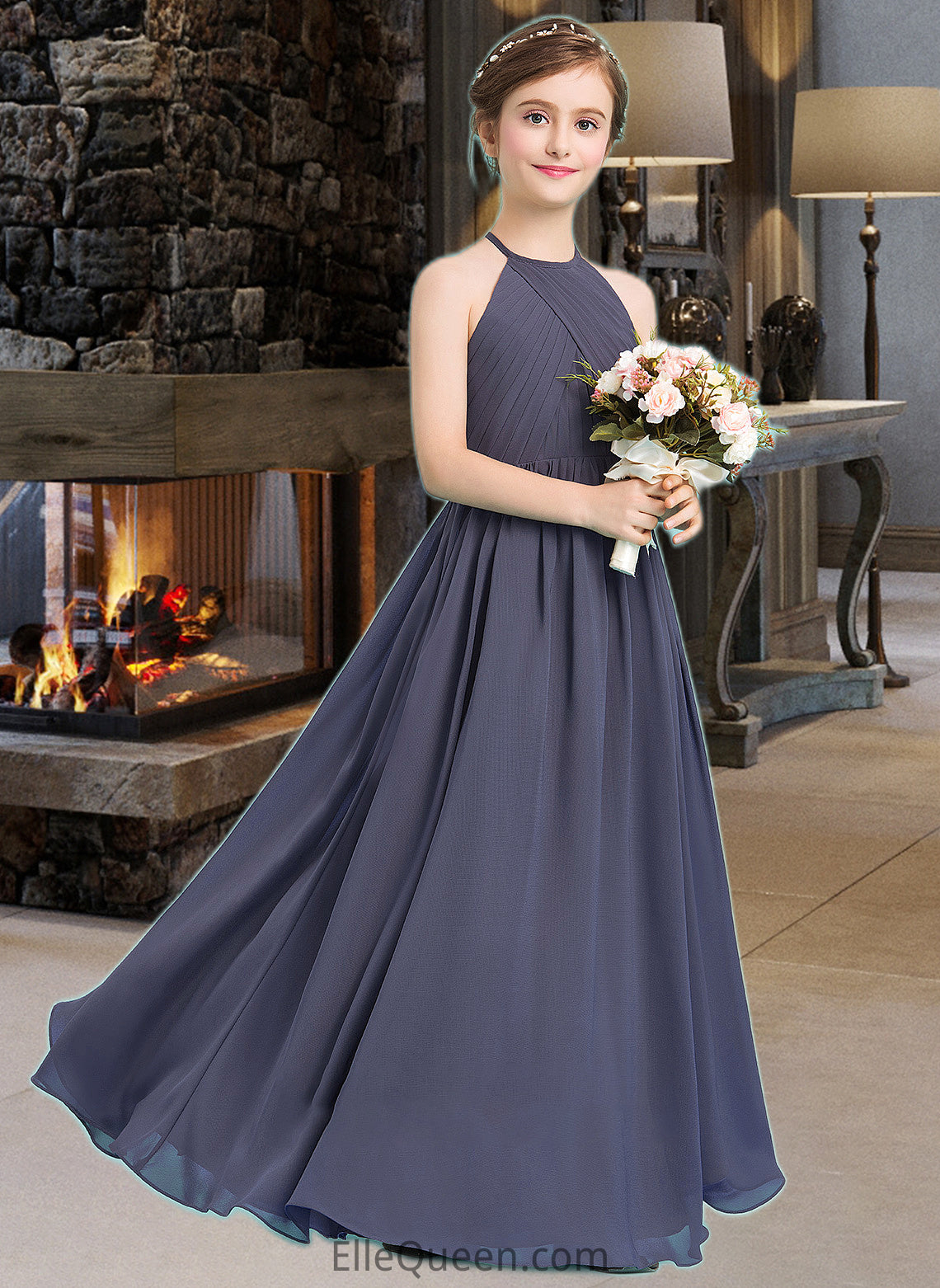 Rachel A-Line Scoop Neck Floor-Length Chiffon Junior Bridesmaid Dress With Ruffle DGP0013516