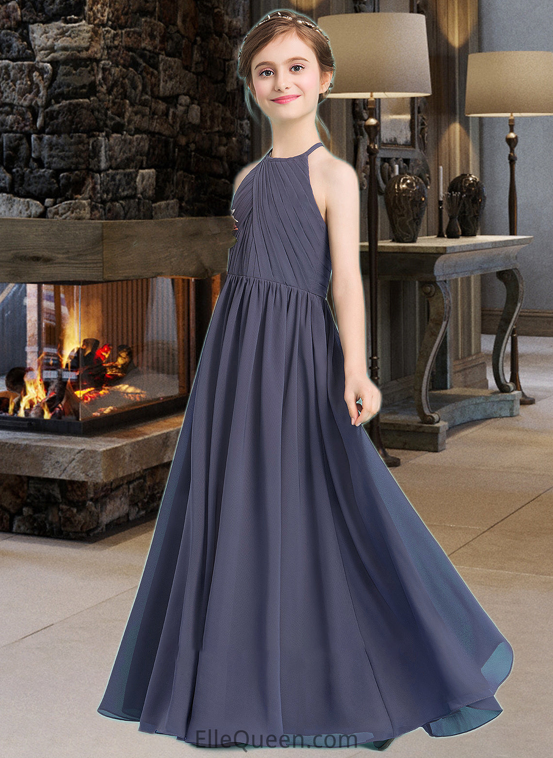 Rachel A-Line Scoop Neck Floor-Length Chiffon Junior Bridesmaid Dress With Ruffle DGP0013516