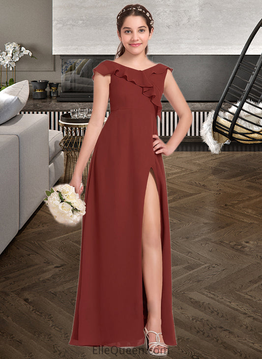 Madyson A-Line V-neck Floor-Length Chiffon Junior Bridesmaid Dress With Split Front Cascading Ruffles DGP0013517