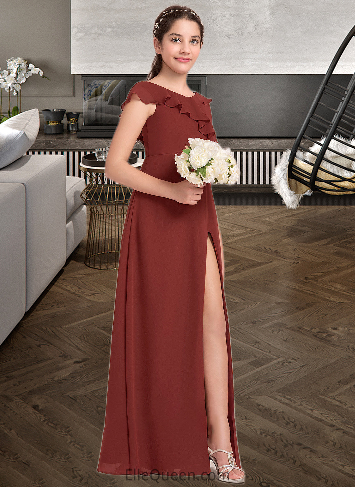 Madyson A-Line V-neck Floor-Length Chiffon Junior Bridesmaid Dress With Split Front Cascading Ruffles DGP0013517