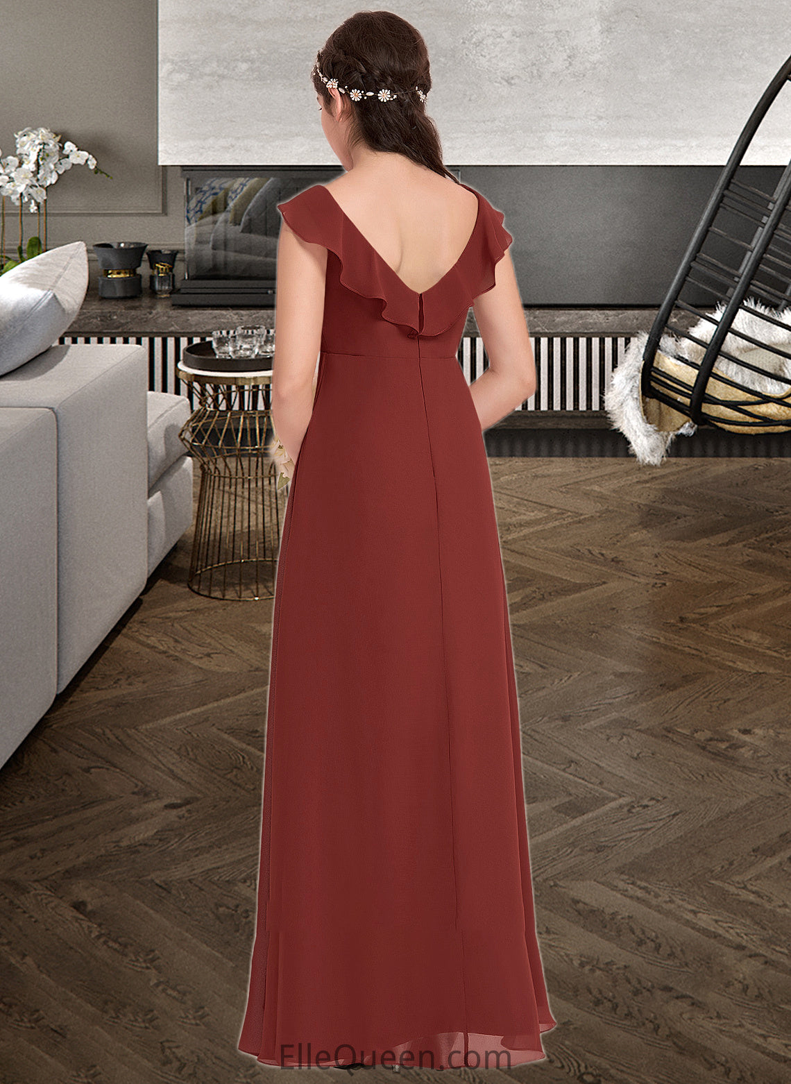 Madyson A-Line V-neck Floor-Length Chiffon Junior Bridesmaid Dress With Split Front Cascading Ruffles DGP0013517