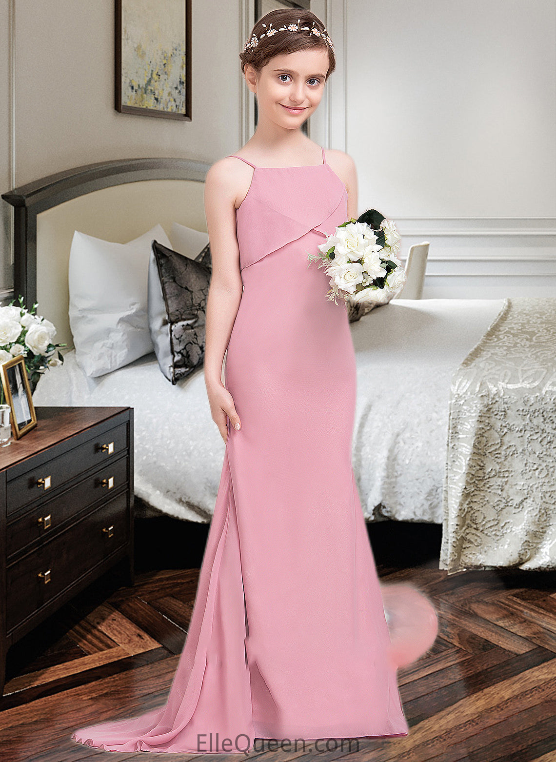 Nevaeh Trumpet/Mermaid Square Neckline Sweep Train Chiffon Junior Bridesmaid Dress With Cascading Ruffles DGP0013518