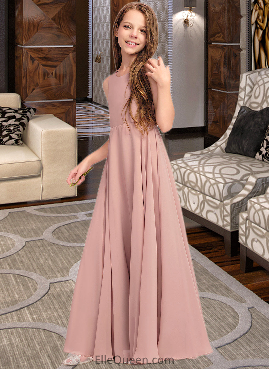 Cassandra A-Line Scoop Neck Floor-Length Chiffon Junior Bridesmaid Dress With Bow(s) DGP0013520