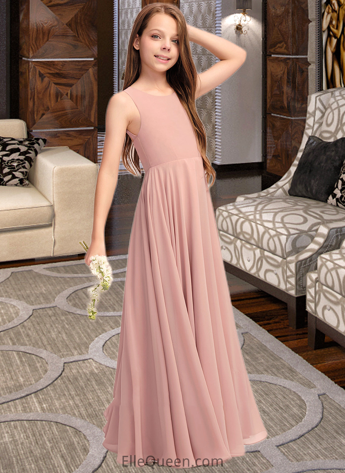 Cassandra A-Line Scoop Neck Floor-Length Chiffon Junior Bridesmaid Dress With Bow(s) DGP0013520