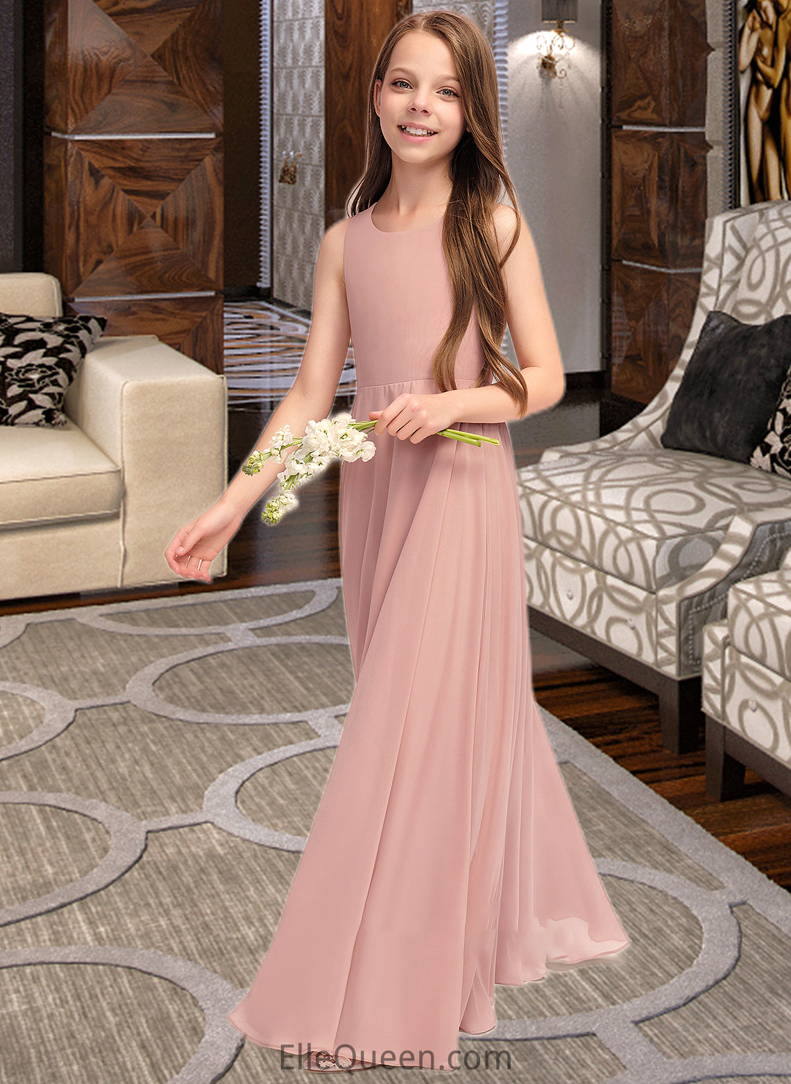 Cassandra A-Line Scoop Neck Floor-Length Chiffon Junior Bridesmaid Dress With Bow(s) DGP0013520