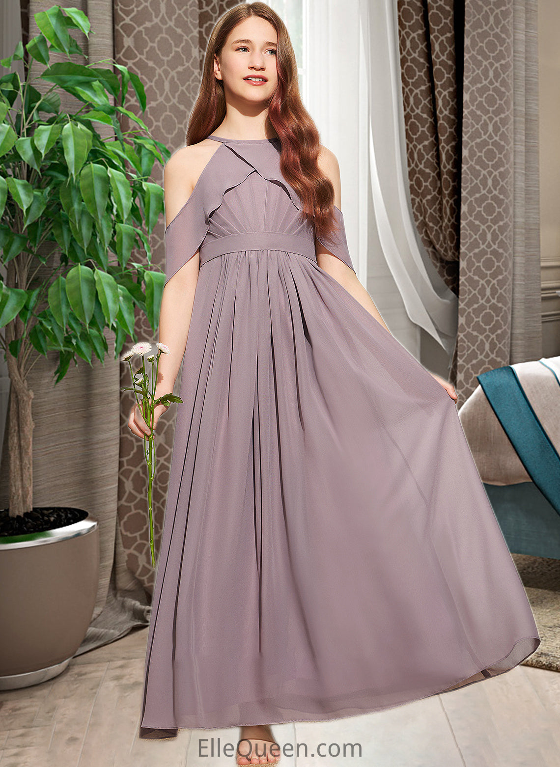 Magdalena A-Line Scoop Neck Floor-Length Chiffon Junior Bridesmaid Dress With Ruffle DGP0013521