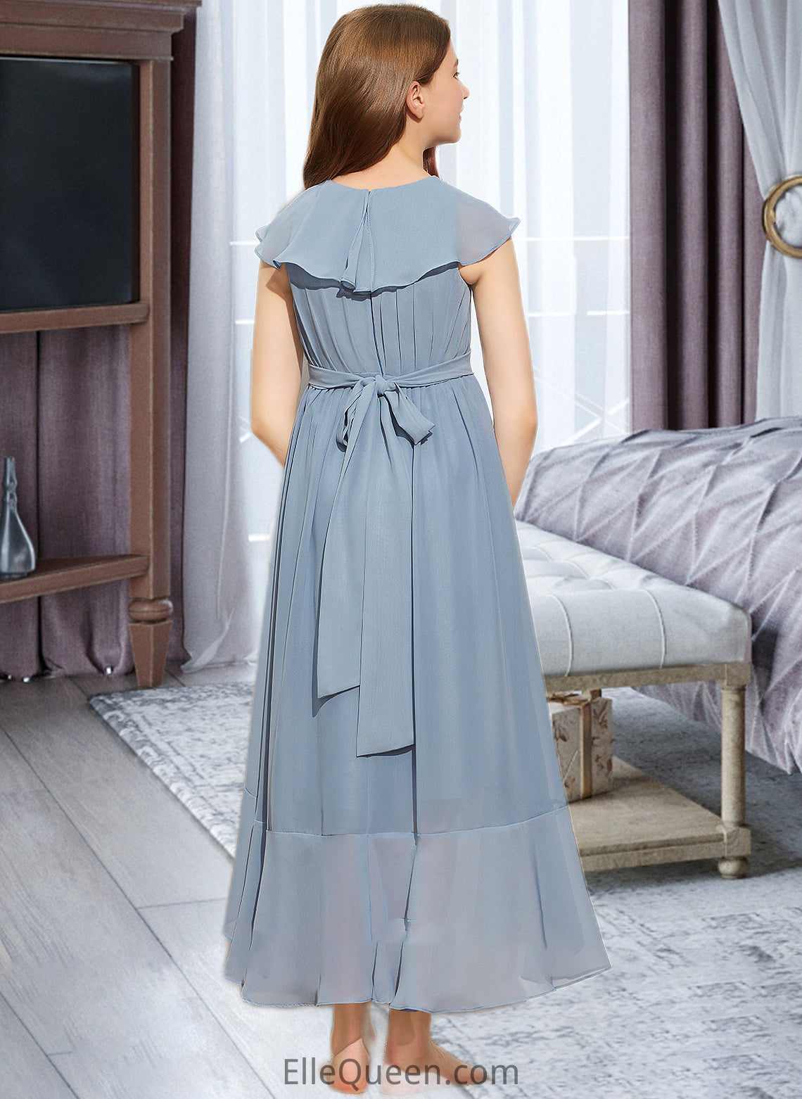 Theresa A-Line V-neck Asymmetrical Chiffon Junior Bridesmaid Dress With Bow(s) Cascading Ruffles DGP0013522