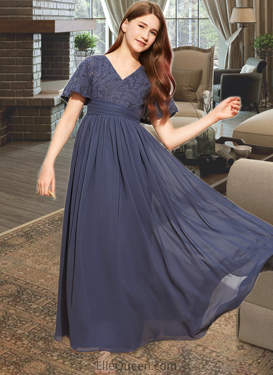 Kristina A-Line V-neck Floor-Length Chiffon Lace Junior Bridesmaid Dress With Bow(s) DGP0013523