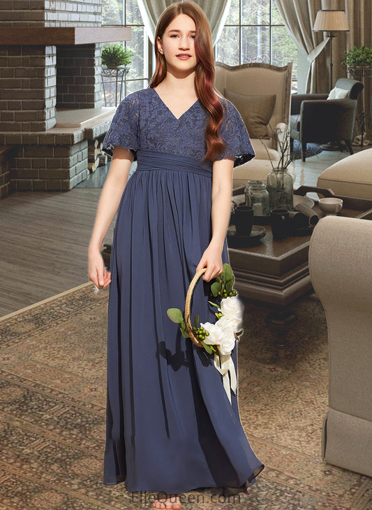 Kristina A-Line V-neck Floor-Length Chiffon Lace Junior Bridesmaid Dress With Bow(s) DGP0013523