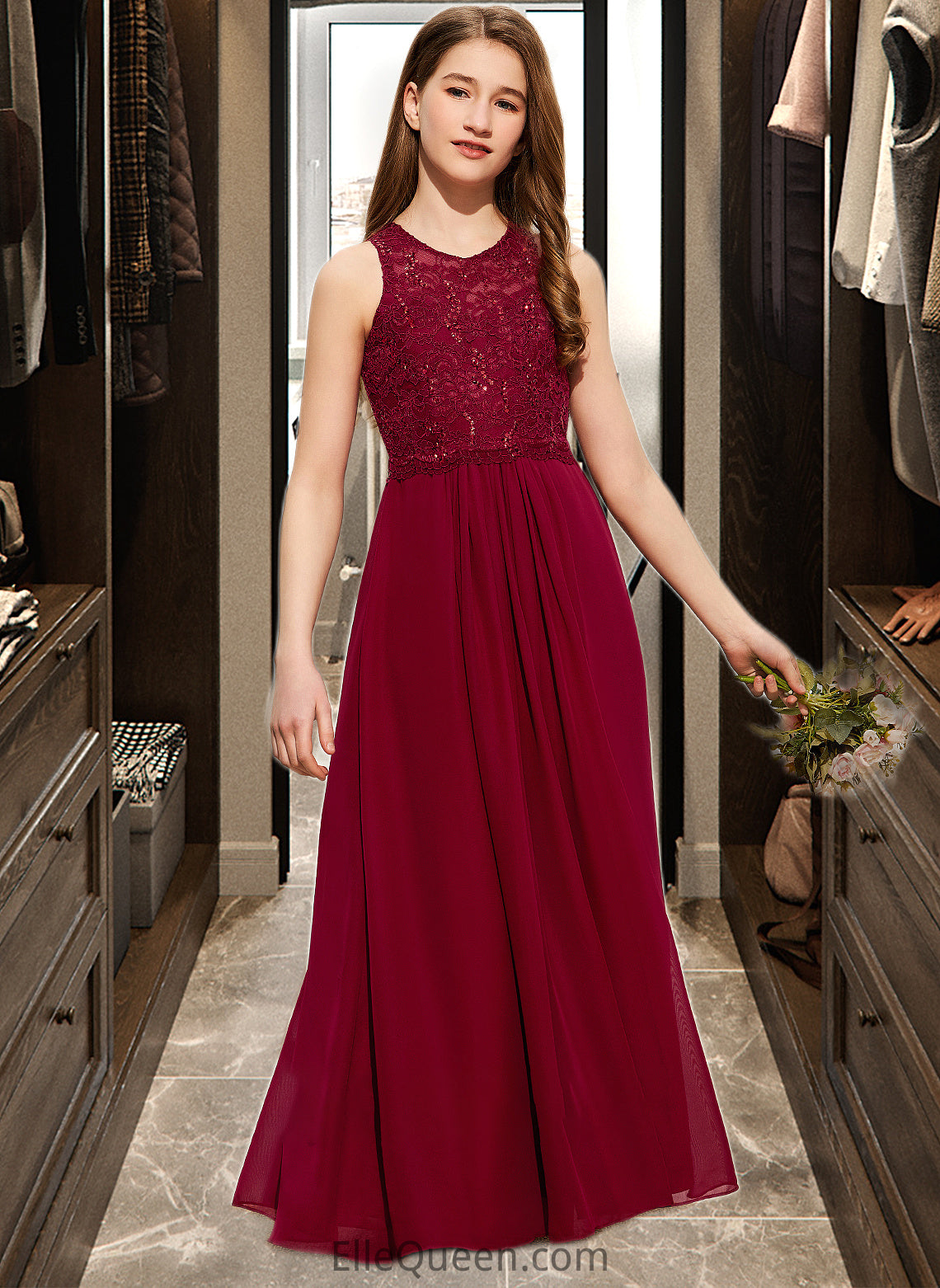 Chana A-Line Scoop Neck Floor-Length Chiffon Lace Junior Bridesmaid Dress With Sequins DGP0013525