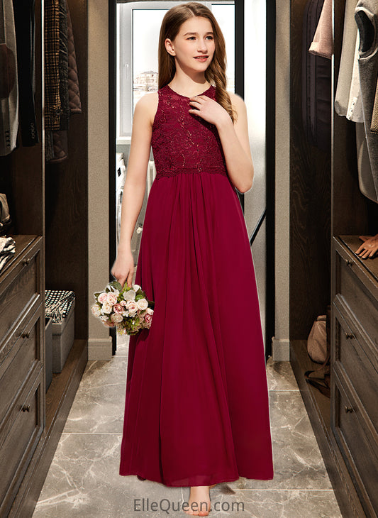 Chana A-Line Scoop Neck Floor-Length Chiffon Lace Junior Bridesmaid Dress With Sequins DGP0013525