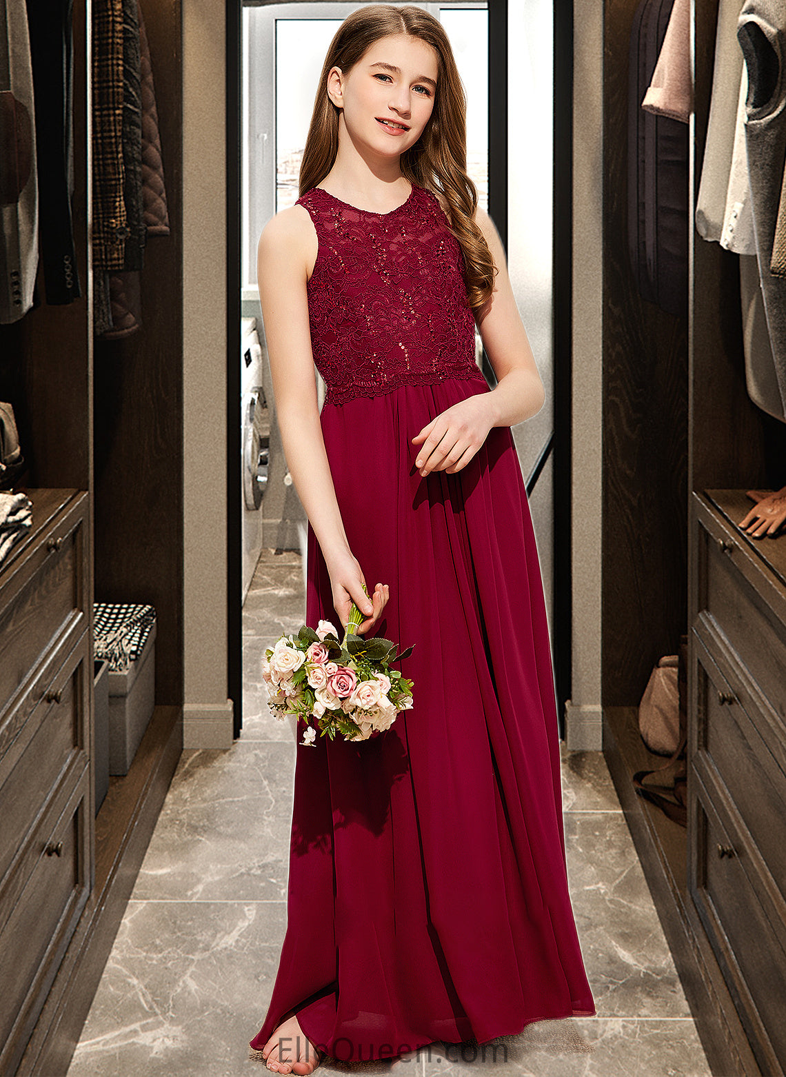 Chana A-Line Scoop Neck Floor-Length Chiffon Lace Junior Bridesmaid Dress With Sequins DGP0013525