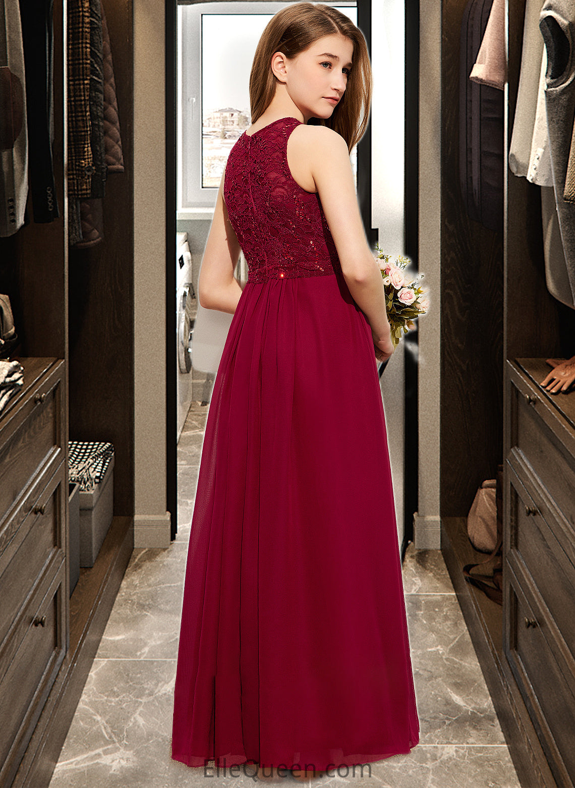 Chana A-Line Scoop Neck Floor-Length Chiffon Lace Junior Bridesmaid Dress With Sequins DGP0013525