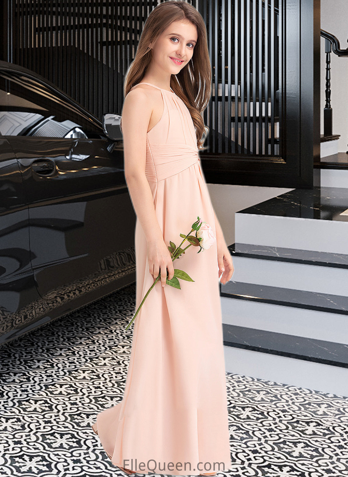 Maritza A-Line Scoop Neck Floor-Length Chiffon Junior Bridesmaid Dress With Ruffle DGP0013528