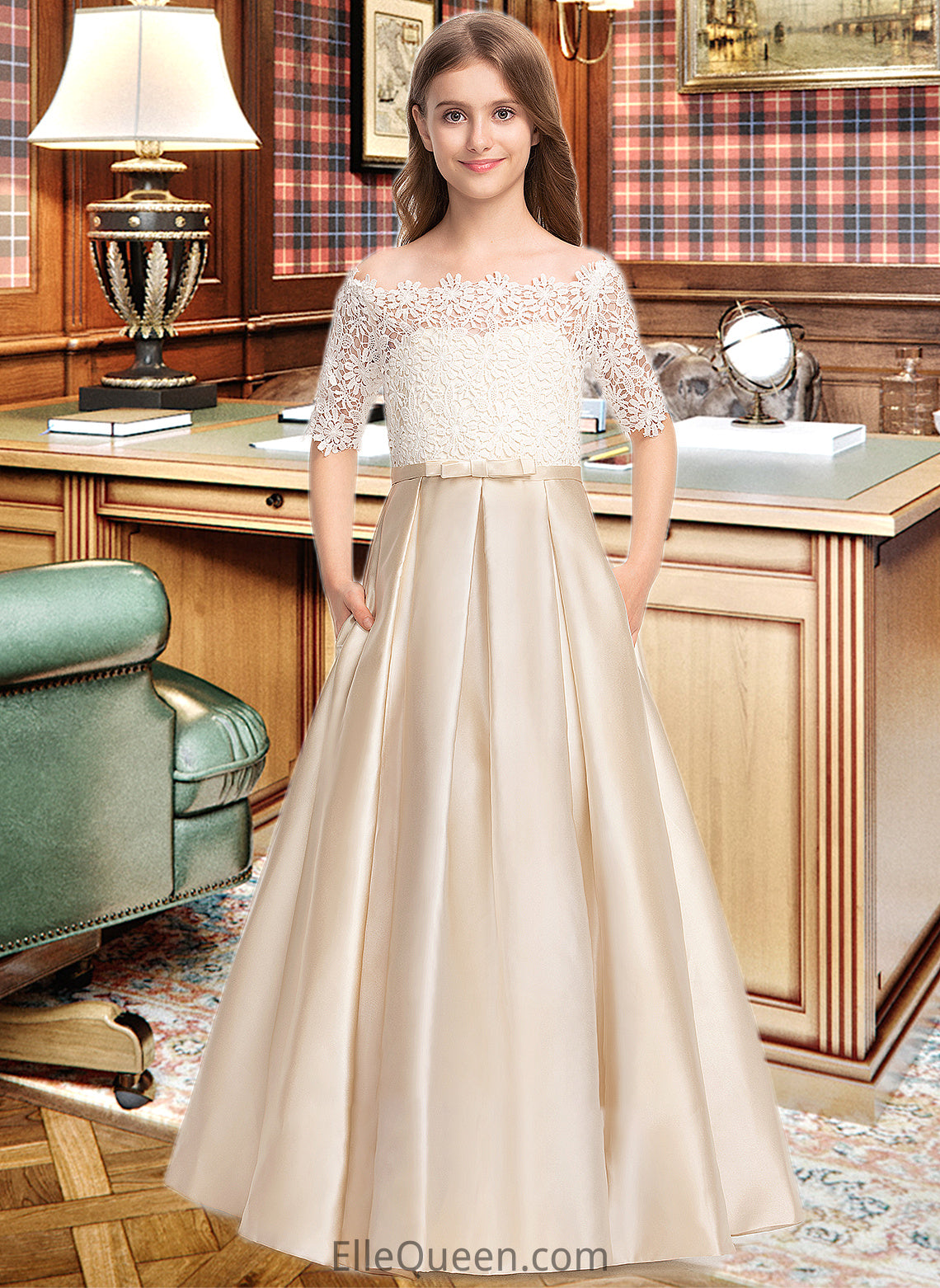 Marian Ball-Gown/Princess Off-the-Shoulder Floor-Length Satin Lace Junior Bridesmaid Dress With Bow(s) Pockets DGP0013530