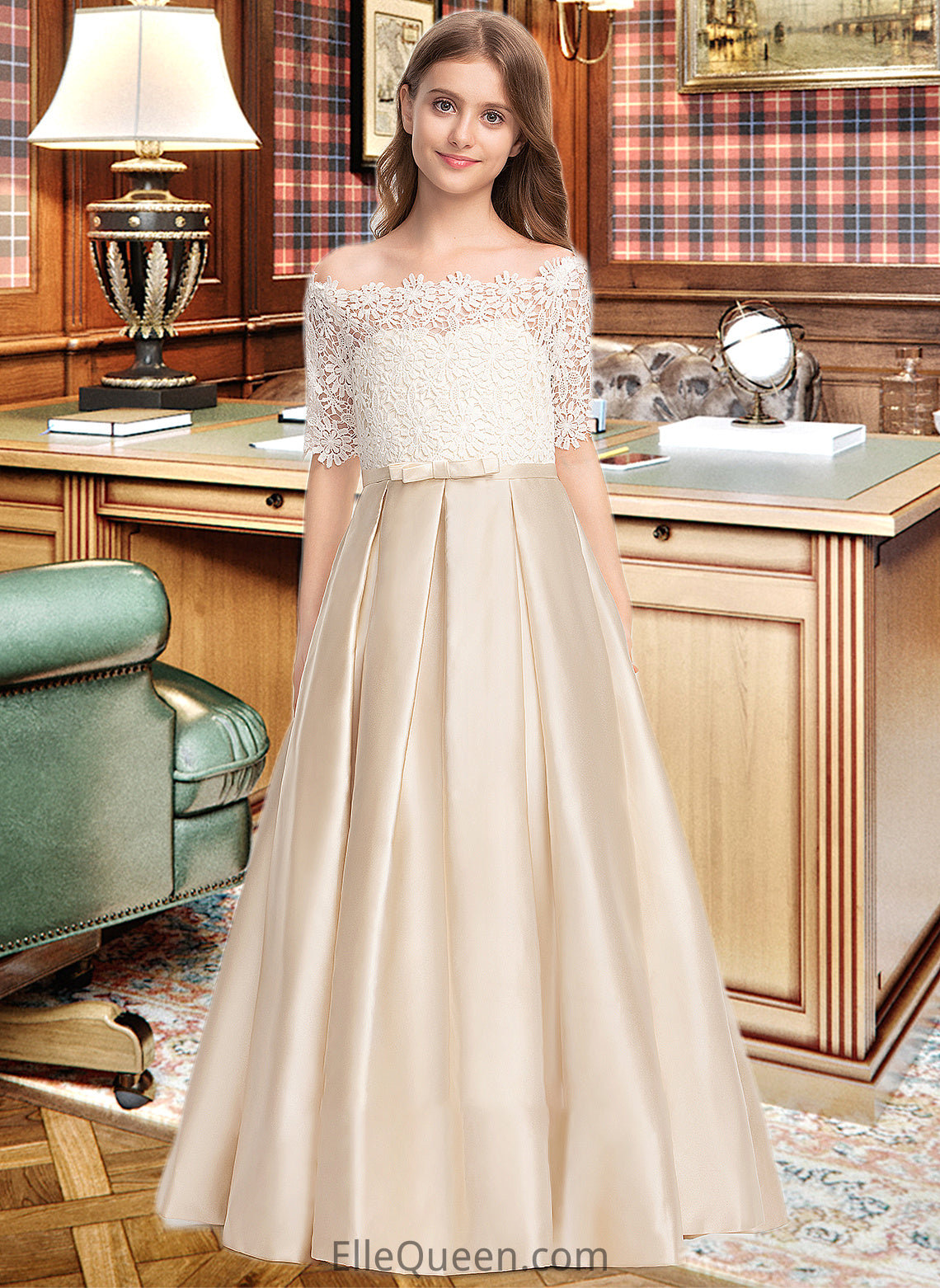 Marian Ball-Gown/Princess Off-the-Shoulder Floor-Length Satin Lace Junior Bridesmaid Dress With Bow(s) Pockets DGP0013530