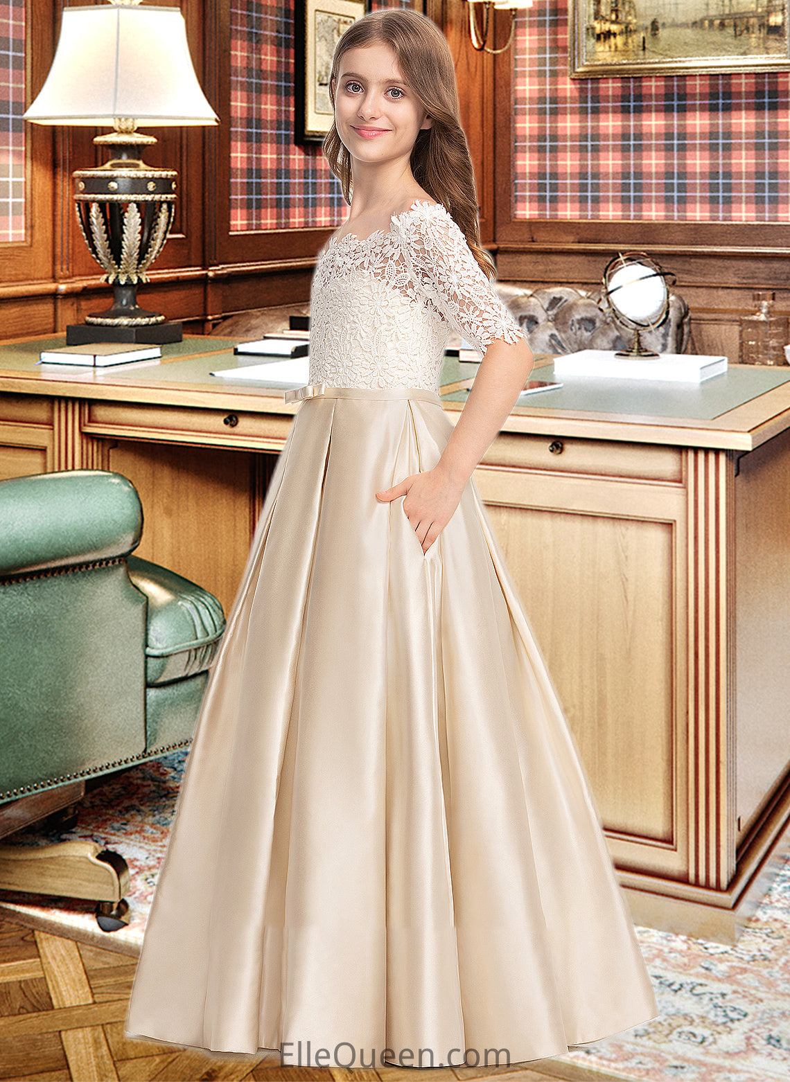 Marian Ball-Gown/Princess Off-the-Shoulder Floor-Length Satin Lace Junior Bridesmaid Dress With Bow(s) Pockets DGP0013530