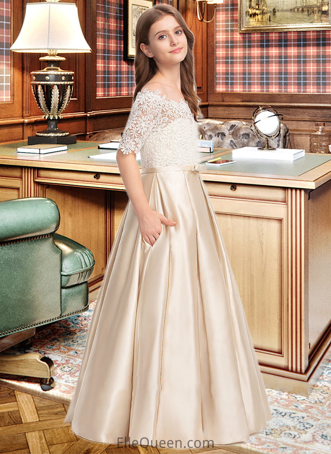 Marian Ball-Gown/Princess Off-the-Shoulder Floor-Length Satin Lace Junior Bridesmaid Dress With Bow(s) Pockets DGP0013530