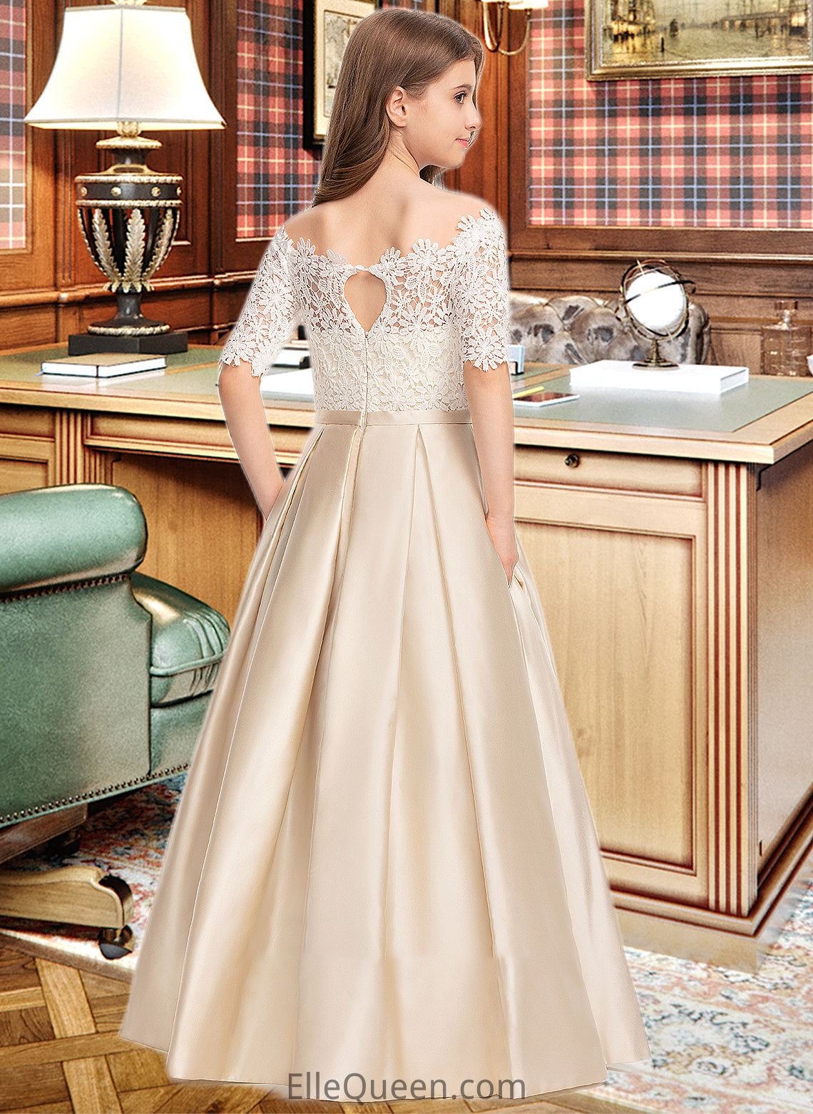 Marian Ball-Gown/Princess Off-the-Shoulder Floor-Length Satin Lace Junior Bridesmaid Dress With Bow(s) Pockets DGP0013530