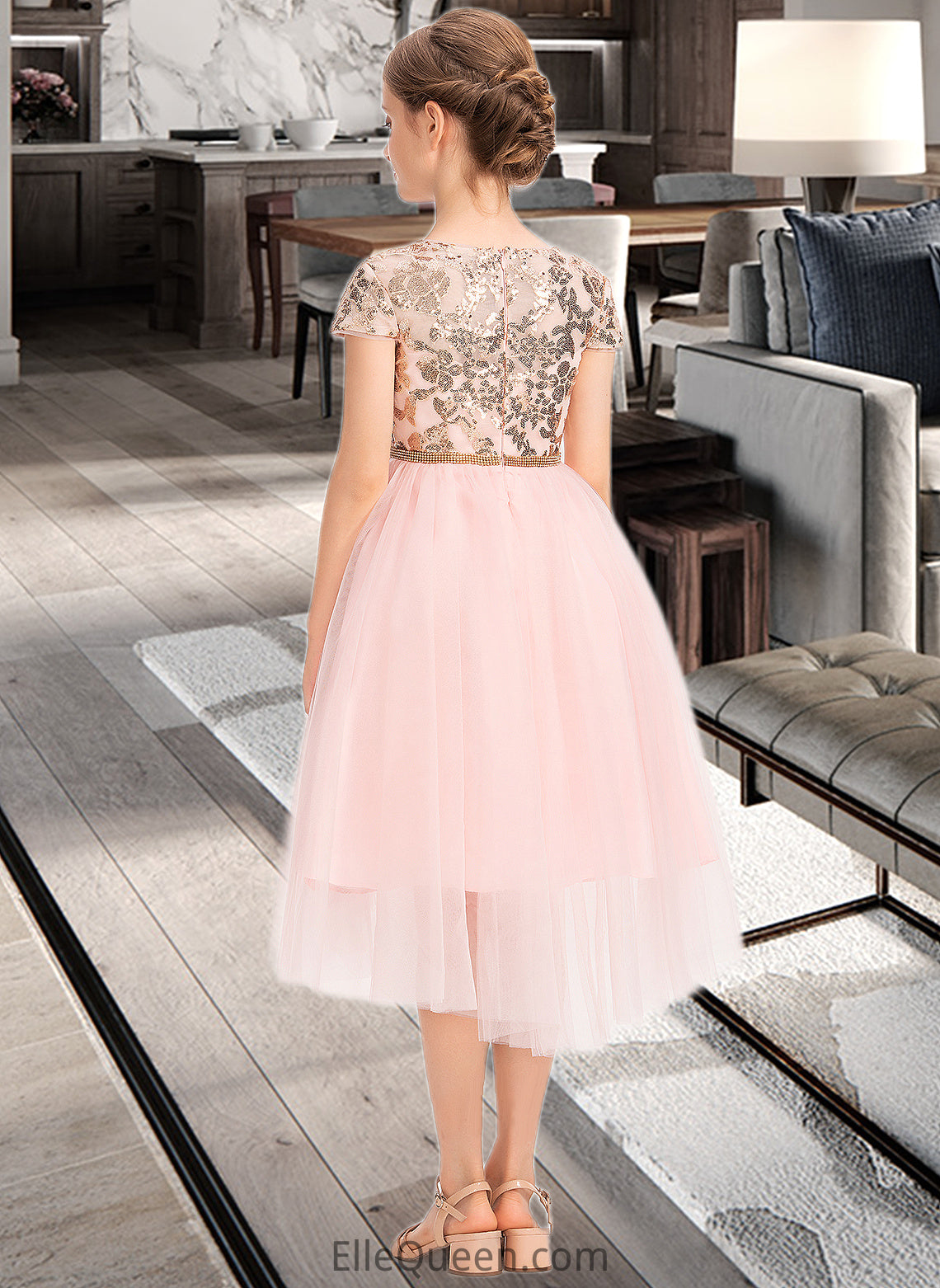 Elsie A-Line Scoop Neck Asymmetrical Tulle Junior Bridesmaid Dress With Sequins DGP0013531