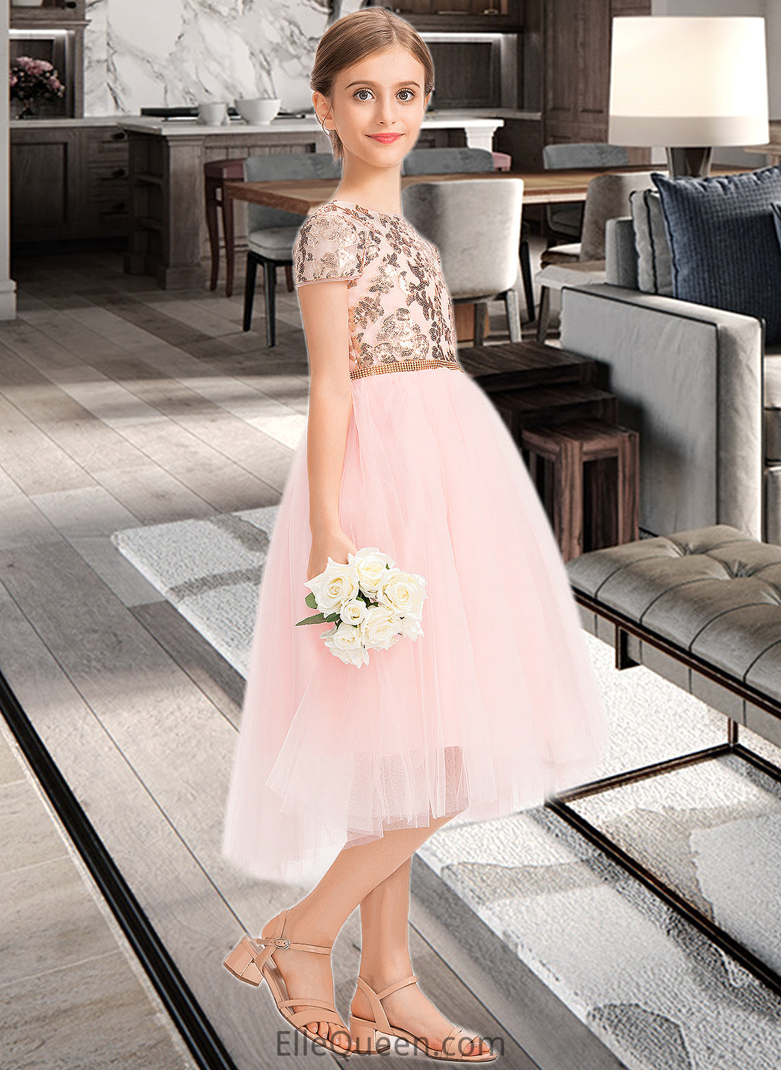 Elsie A-Line Scoop Neck Asymmetrical Tulle Junior Bridesmaid Dress With Sequins DGP0013531